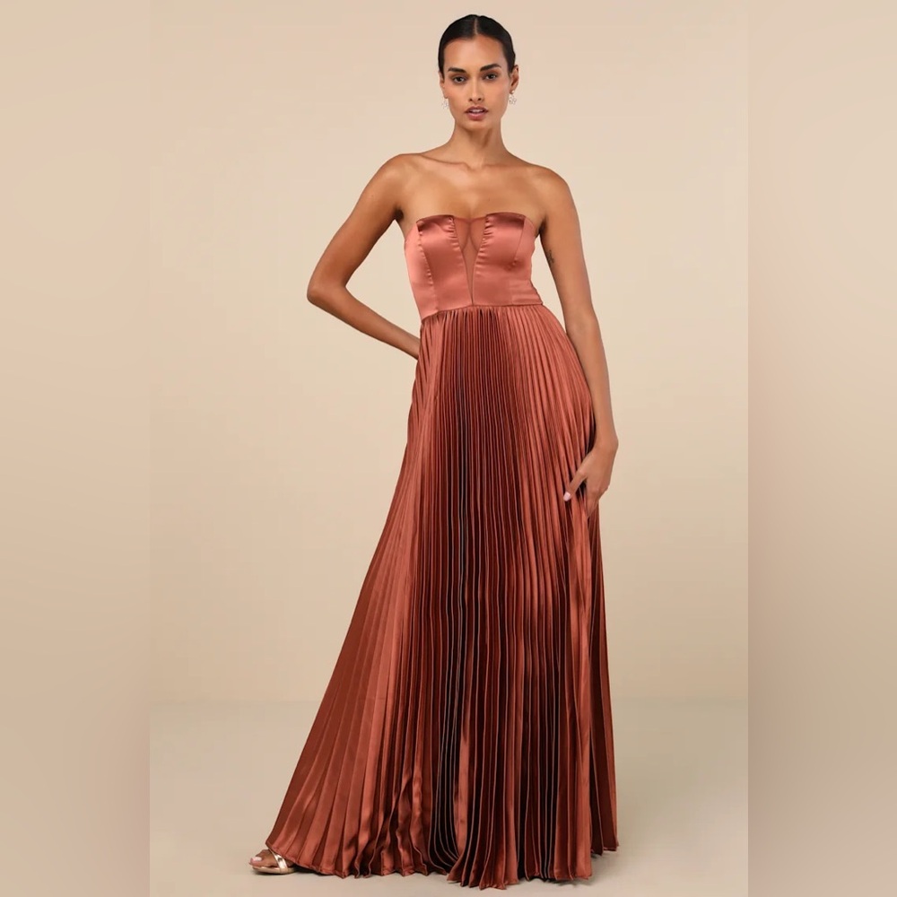 Lulus Perfected Elegance Pleated Satin Rust Maxi Dress BNWT